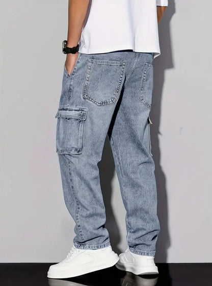 Men's American Retro Casual Cargo Jeans, Loose Fit, Solid Color, Fashion Essential