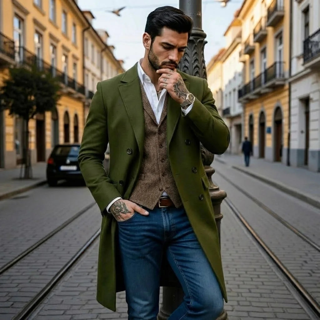 Men's Double-Breasted Trench Style Coat Thickened Warm Lined Jacket Windproof Fashionable Outdoor Wear