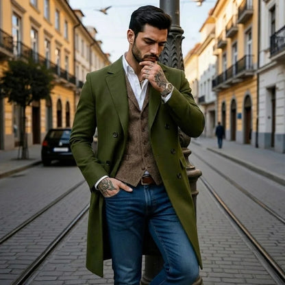 Men's Double-Breasted Trench Style Coat Thickened Warm Lined Jacket Windproof Fashionable Outdoor Wear