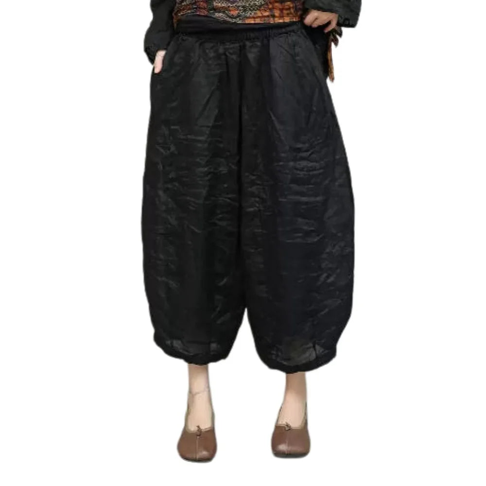 Lightweight Ramie Pant Women Summer Loose Wide-leg Cropped Pants Black LX5765