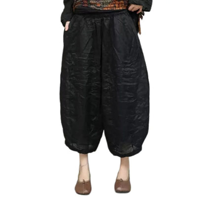 Lightweight Ramie Pant Women Summer Loose Wide-leg Cropped Pants Black LX5765