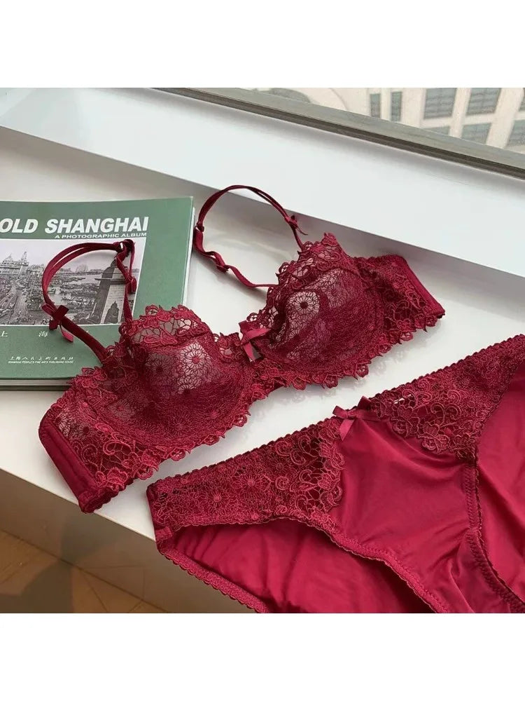 Sexy Lace Bra Set for Women Plus Size Half Cup Sheer Ultra Thin Nipple Concealed Erotic Lingerie Push Up Comfort Underwear Set