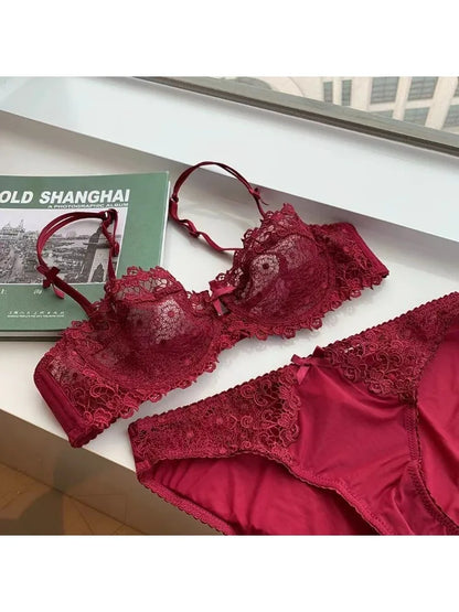 Sexy Lace Bra Set for Women Plus Size Half Cup Sheer Ultra Thin Nipple Concealed Erotic Lingerie Push Up Comfort Underwear Set