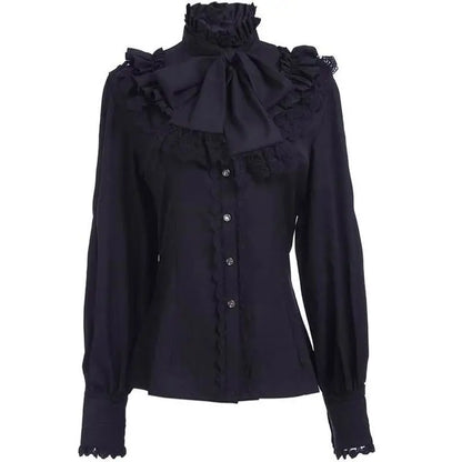 2026 Summer New Arrival Women's Vintage Ruffle Collar Shirt High Neck Lace Trim Button Down Shirt Elegant Gothic Blouse Tops