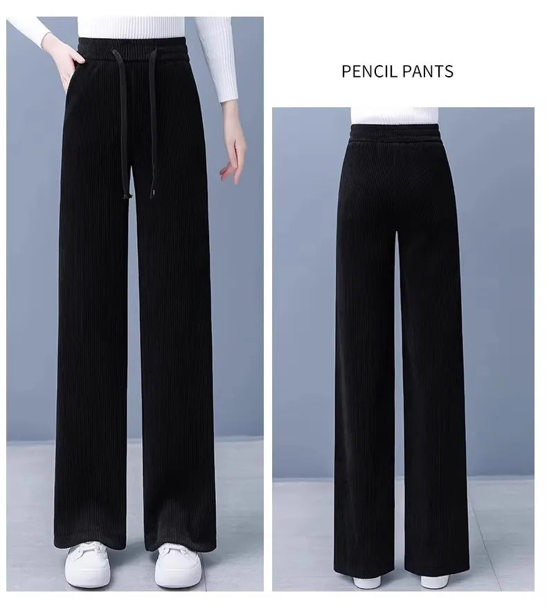 Thickened Fleece Wide Leg Pants Women's Casual Straight Cut Trousers Autumn Winter New Style High Waist Cotton Elastic Waist