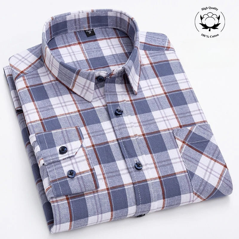 Autumn Winter Plaid Shirts Thick Flannel Shirt Standard-Fit for Men Long Sleeve Pure Cotton  Patch Pocket Design Young