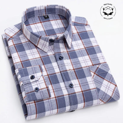 Autumn Winter Plaid Shirts Thick Flannel Shirt Standard-Fit for Men Long Sleeve Pure Cotton  Patch Pocket Design Young