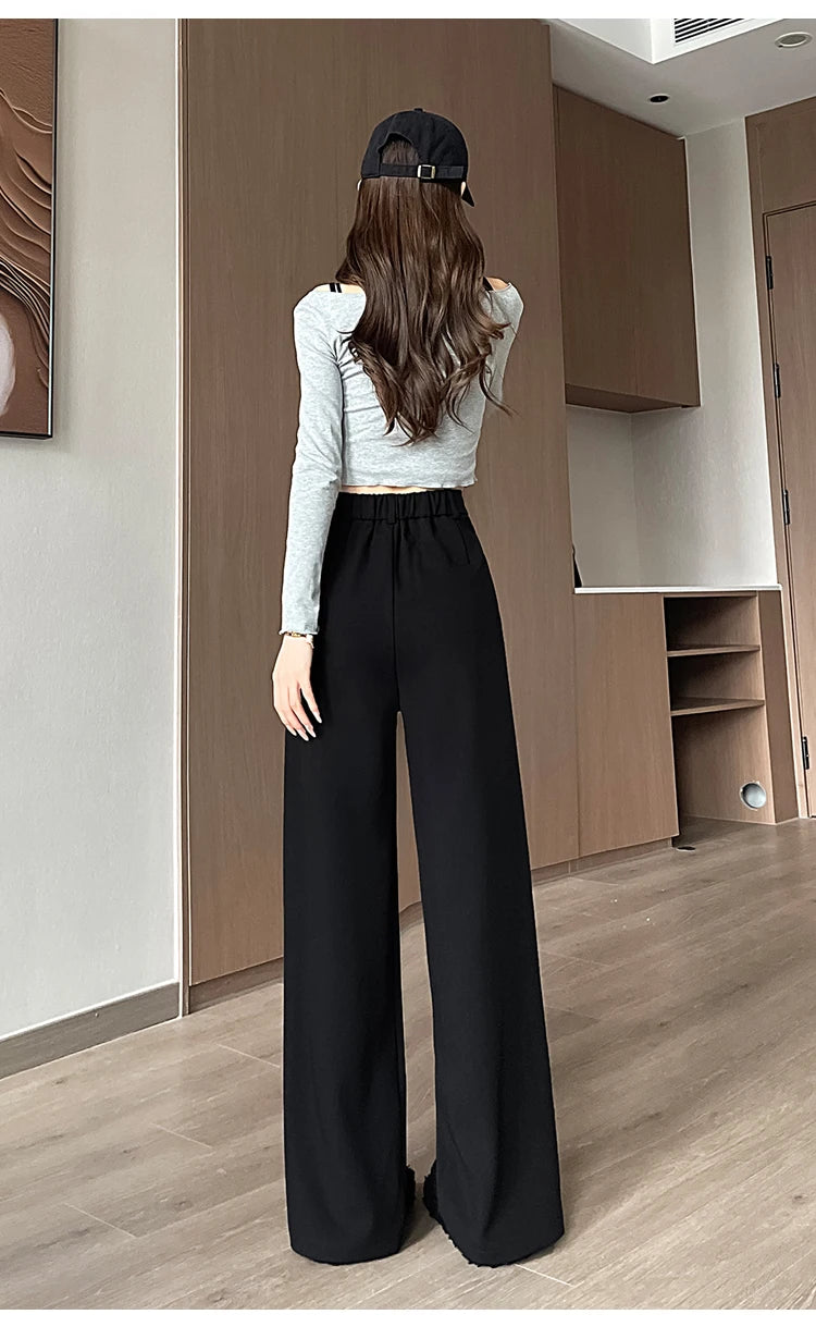 Seoulish Autumn Elegant Women's Wide Leg Pants 2024 New Korean Solid Button Casual Loose Office Full Length Trousers Female