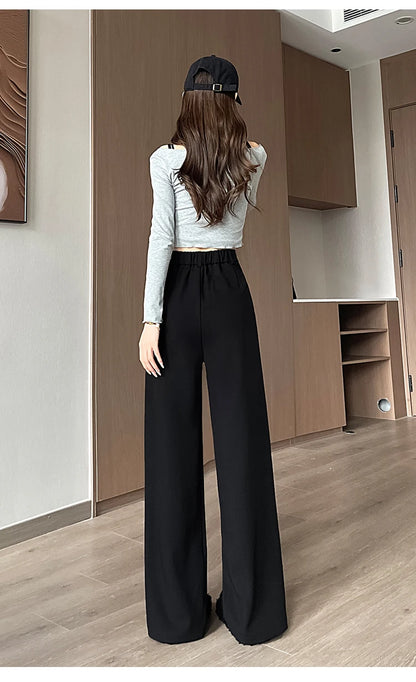 Seoulish Autumn Elegant Women's Wide Leg Pants 2024 New Korean Solid Button Casual Loose Office Full Length Trousers Female