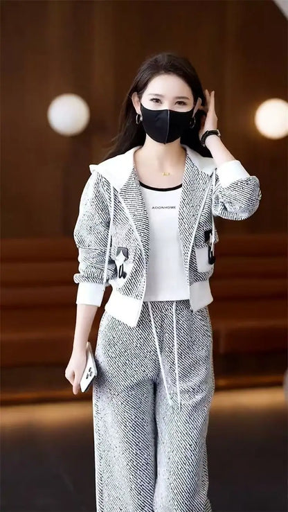 Brand Women's Autumn Sweater Jacket Wide Leg Pants Two-Piece Set Korean Style Loose Fit Long Sleeve Zipper Closure Fashion En...