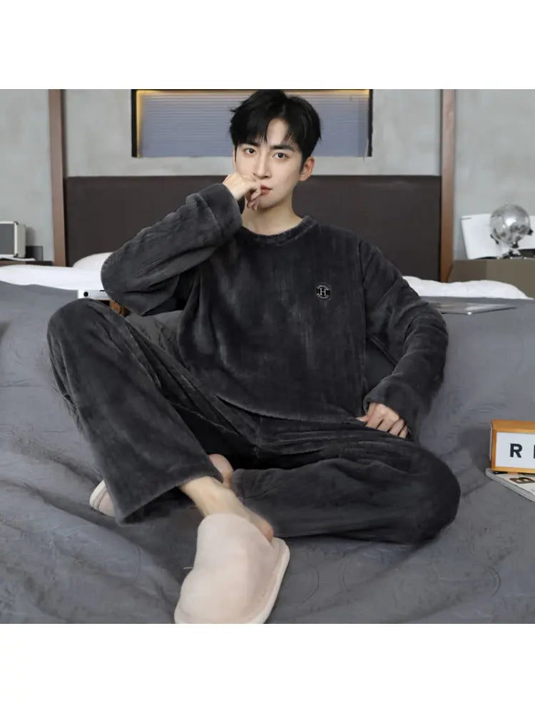 Thickened Flannel Sleepwear for Men Winter Coral Fleece Home Clothes Set Spring Autumn Winter Style Casual Loose Fit Long Sleeve