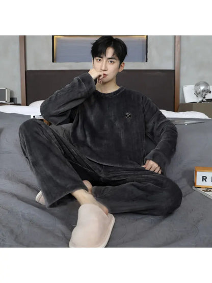 Thickened Flannel Sleepwear for Men Winter Coral Fleece Home Clothes Set Spring Autumn Winter Style Casual Loose Fit Long Sleeve