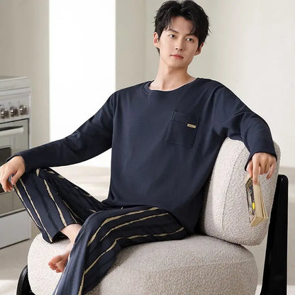2024 Autumn Long Sleeve 100% Cotton Pajamas Sets for Men Korean Loose High Quality Sleepwear Pyjamas Male Homewear Home Clothes