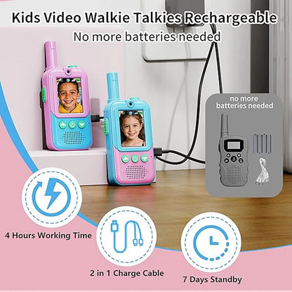 2 Pack Rechargeable Kids Video Walkie Talkies, Eco ABS Portable Toy for Boys Girls Ages 3-12 Indoor Outdoor Camping