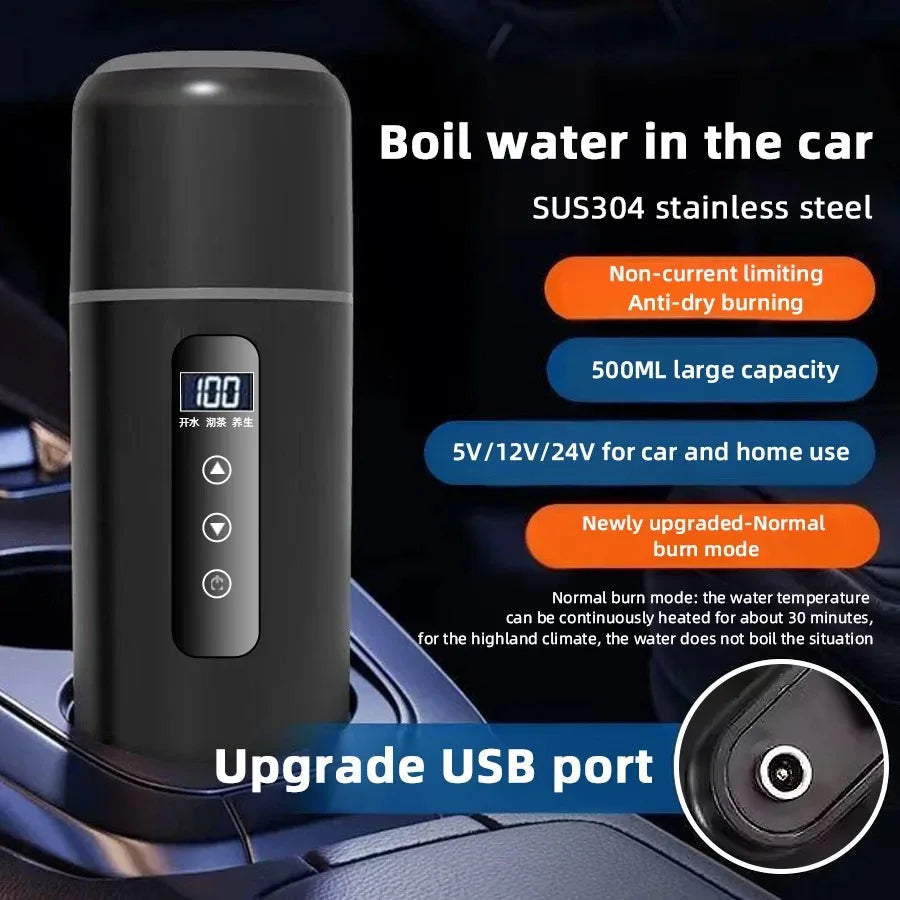500ml Electric Kettle Portable Car Heating Cup 12V/24V Touch Screen Intelligent Temperature Adjustment Travel Thermal Kettle