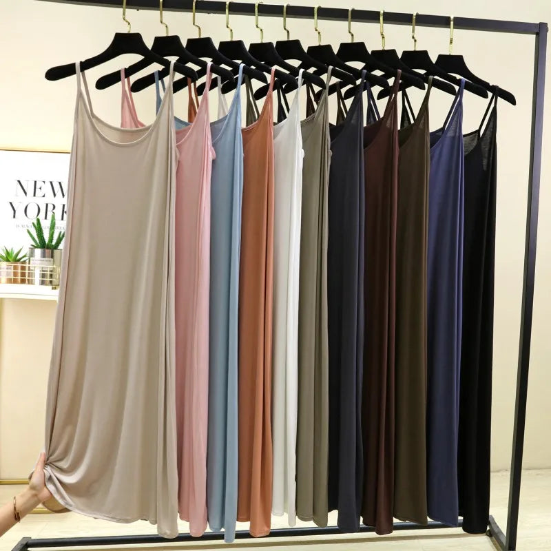 Summer round Neck Modal Dress Thin Long A-Line Dress Vest Strap Dress Loose Base Dress Inner Wear Casual Style No Sleeve Dress