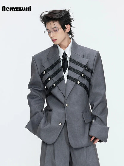 Nerazzurri Spring Autumn Blazer for Men Single Breasted Loose European Court Style Luxury Designer Clothes Menswear 2026