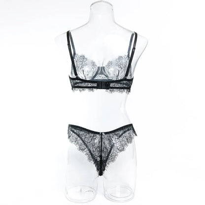Ellolace Solid Women's Lingerie Sets Elegant Eyelash Lace Bra Panty 2PC Seductive See Through Intimate Willowy Sexy Underwear