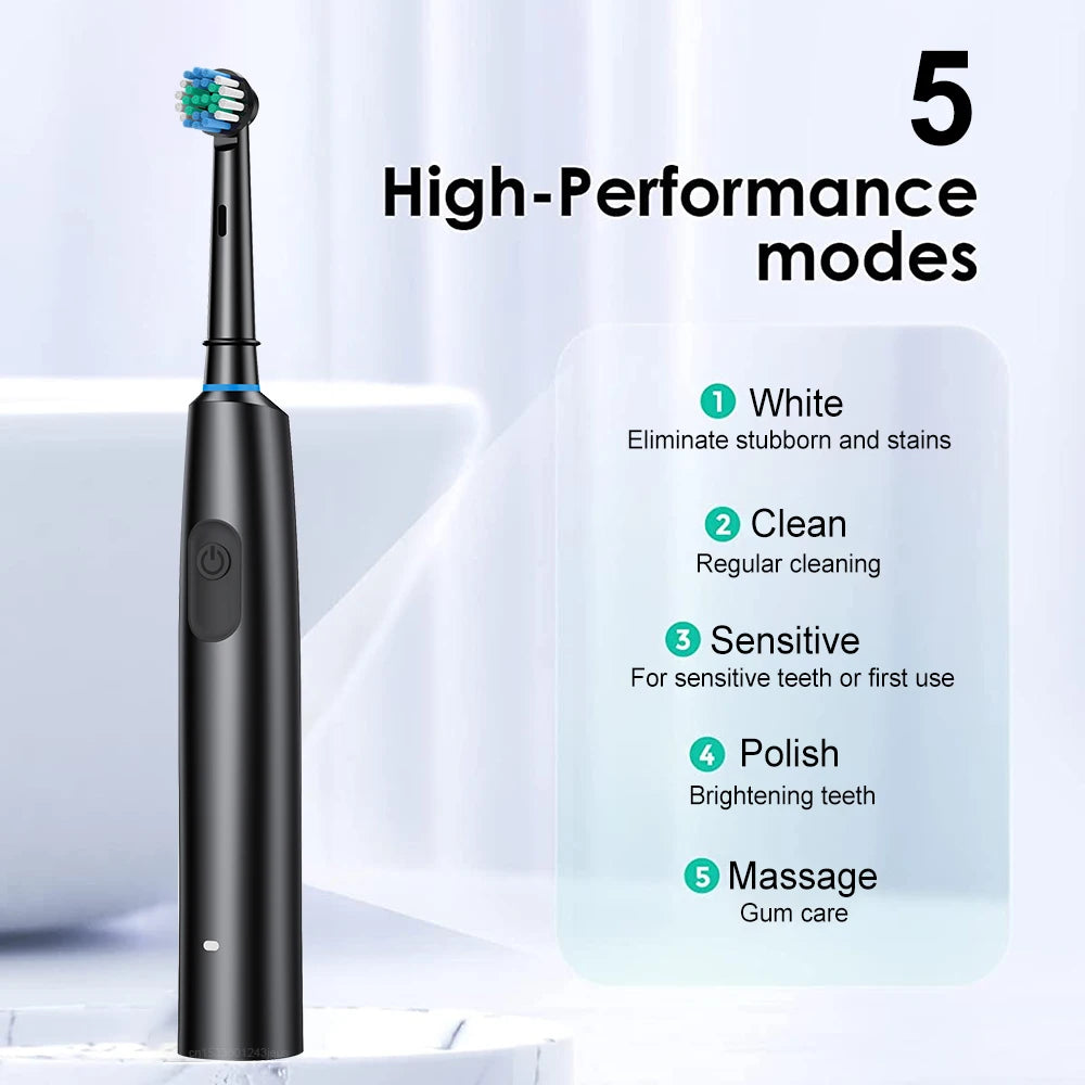 Electric Toothbrush Rotating Deep Clean Whitening Teeth for Adult Ultrasonic Toothbrush with 4/8pcs Refill Replacement Heads