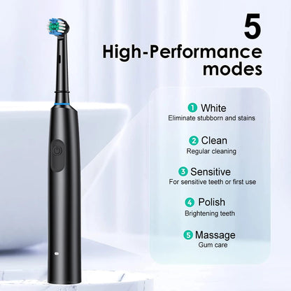 Electric Toothbrush Rotating Deep Clean Whitening Teeth for Adult Ultrasonic Toothbrush with 4/8pcs Refill Replacement Heads