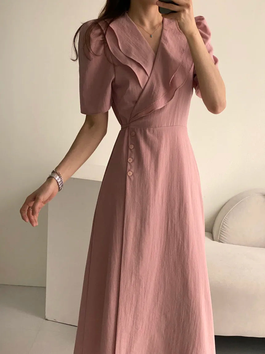 Retro Double Layered Collar Bubble Sleeve  Dress Elegant Short Sleeve V Neck Summer Casual Women's Dress