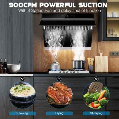 900CFM 30"Under Cabinet/Wall Mount Range Hood w/Heated Auto-Clean Gesture&Touch Control Tempered Glass 3-Speed & Baffle Filter