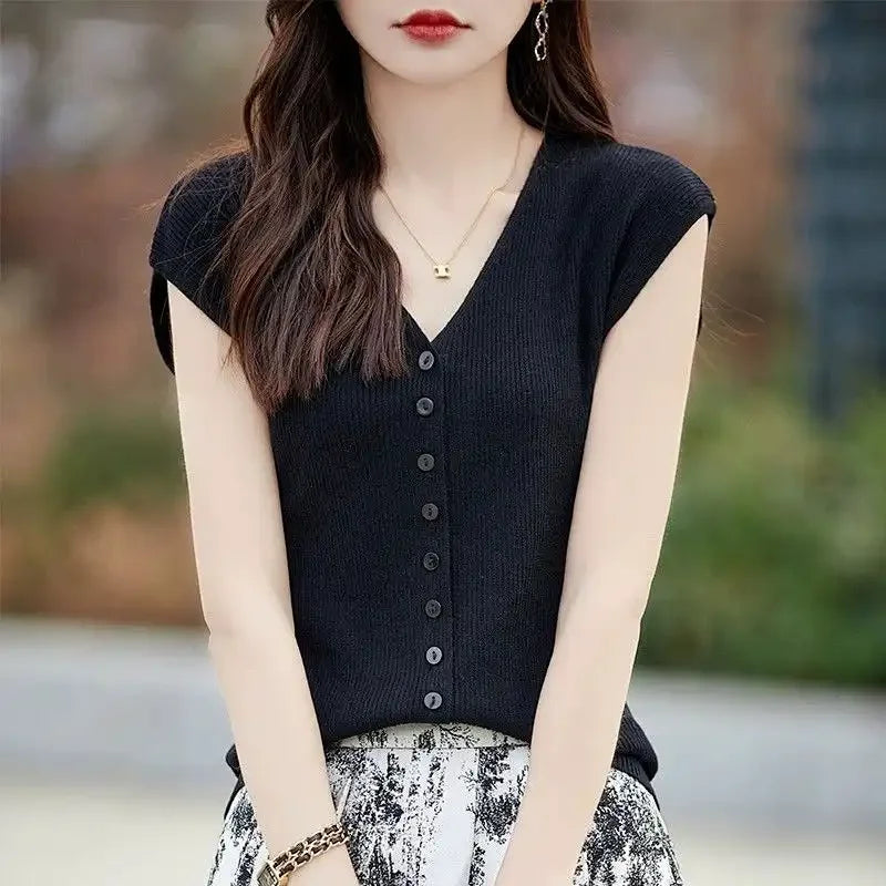 Women's Clothing New Fashion V-neck Knit Tops Summer Casual All-match Thin Sleeveless Tanks Lady Solid Single-breasted Cardigan