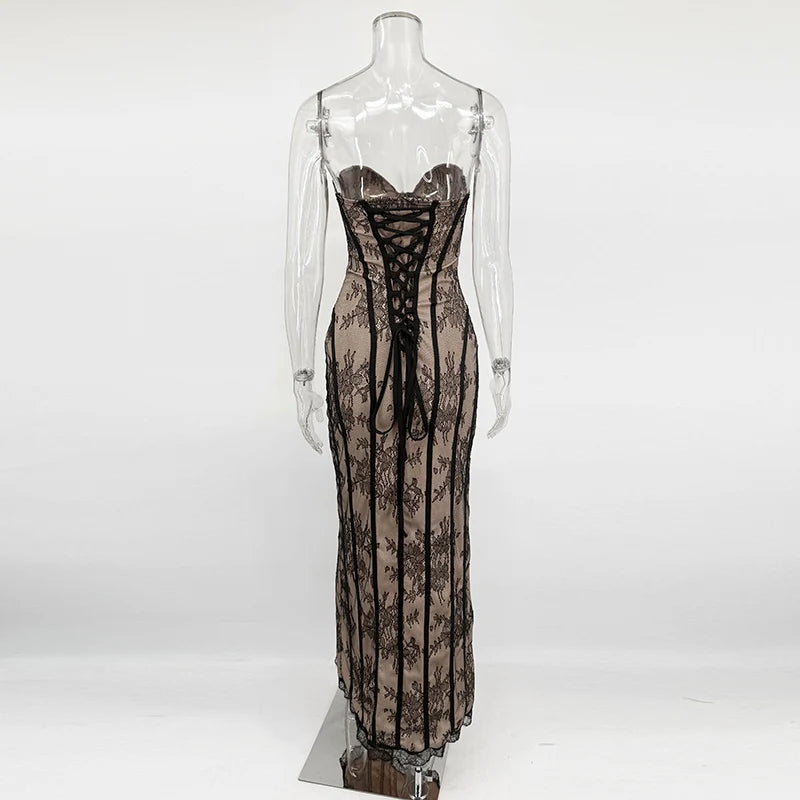 Typhaland Sexy Lace Strapless Maxi Dress Women's Sleeveless Slim Corset Evening Party Dress See Through Fashion Lady Long Dress