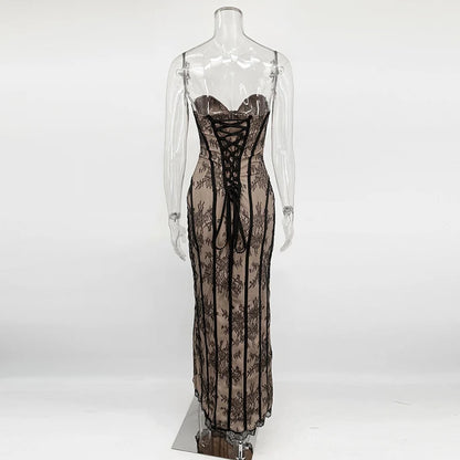 Typhaland Sexy Lace Strapless Maxi Dress Women's Sleeveless Slim Corset Evening Party Dress See Through Fashion Lady Long Dress