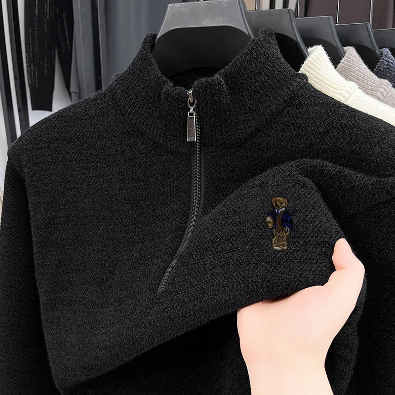 Hot Sale Quality Thicken Men's Sweater Zipper Bear Embroidery Warm Knitted Sweater Japan Winter Hoodies Fashion Soft Men's Wear