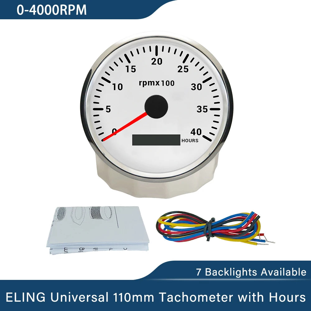 ELING 110mm Tachometer 0-3000 0-4000 0-6000 0-7000 0-8000 RPM LCD Hour Meter with 7 Colors Backlight for Car Boat Yacht 9-32V