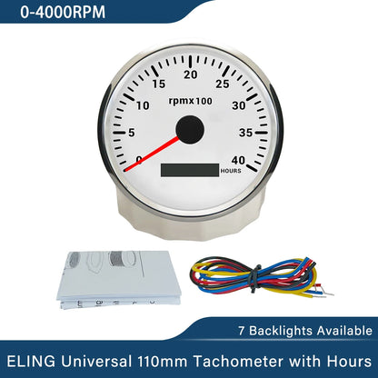 ELING 110mm Tachometer 0-3000 0-4000 0-6000 0-7000 0-8000 RPM LCD Hour Meter with 7 Colors Backlight for Car Boat Yacht 9-32V