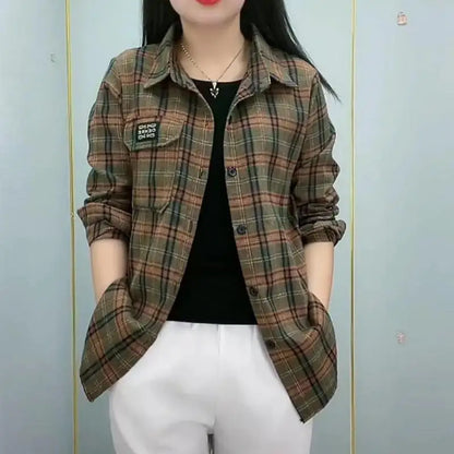 Sun Protection Long Sleeve Cotton Shirt Casual Plaid Women's Top Mom's Shirt Middle-Aged Women's Fashion Autumn 2025