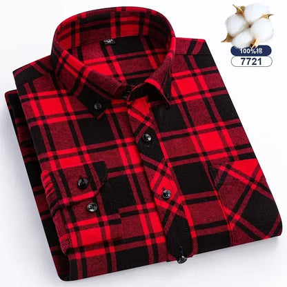 Autumn Winter Plaid Shirts Thick Flannel Shirt Standard-Fit for Men Long Sleeve Pure Cotton  Patch Pocket Design Young