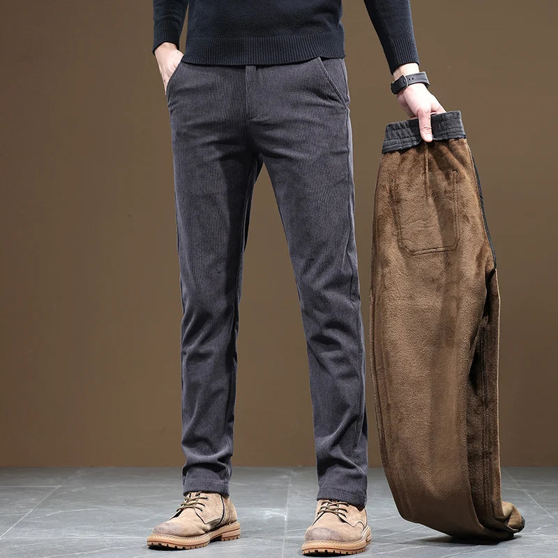 2024 New Winter Fleece Warm Corduroy Pants Men Business Fashion Slim Fit Stretch Thicken Gray Khaki Fluff Casual Trousers Male