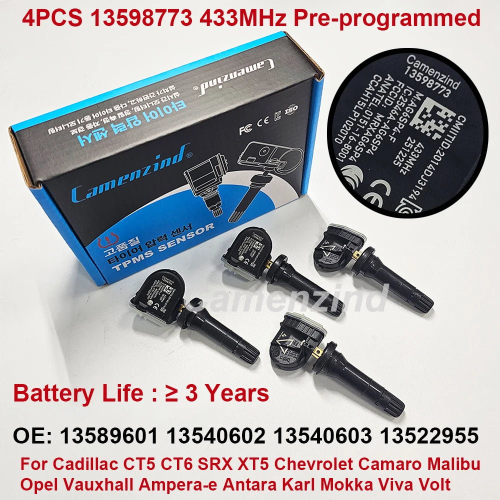 4PCS TPMS Sensor 13598773 13544444 13540602 13516165 13589601 13540603 433MHz For Cadillac CT6 XT5 SRX Chevrolet Malibu Opel