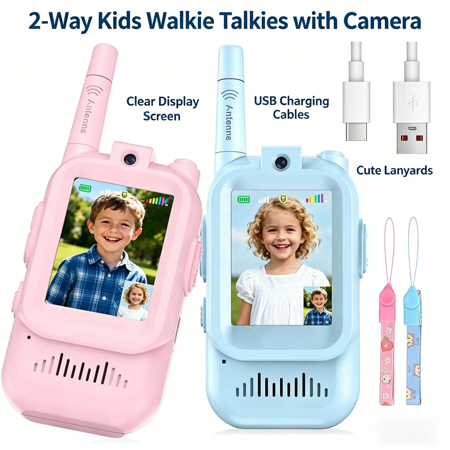 Video Walkie Talkies for Kids 2 Pack Rechargeable Intercom Walkie talkie 2 Screen One Click Call Child Video Intercom gifts