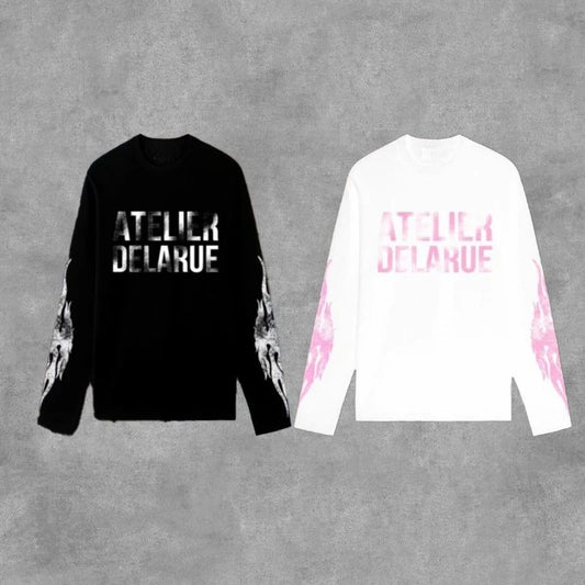 Y2K Harajuku Retro Niche Long Sleeve Print Letter Flame Tops New Fashion Casual Comfortable Streetwear Unisex Oversized Clothes