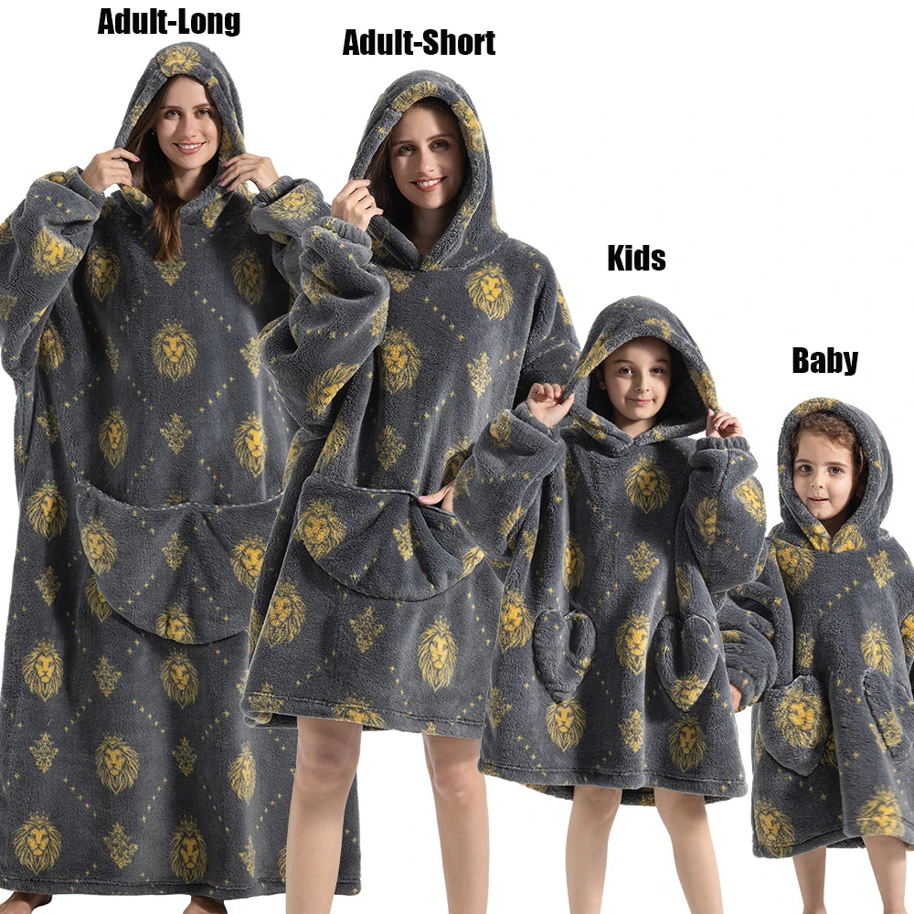 Halloween Family Matching Blanket Hoodies Women Cartoon Bear Dinosaur Sweatshirts Adult Oversized Warm Pullover Winter Clothes