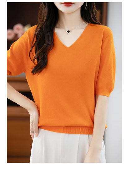 Thin Worsted Wool Short-Sleeved Women's Loose Round Neck T-shirt Printed Summer Fashion Knitted Bottoming Shirt Half-Sleeved
