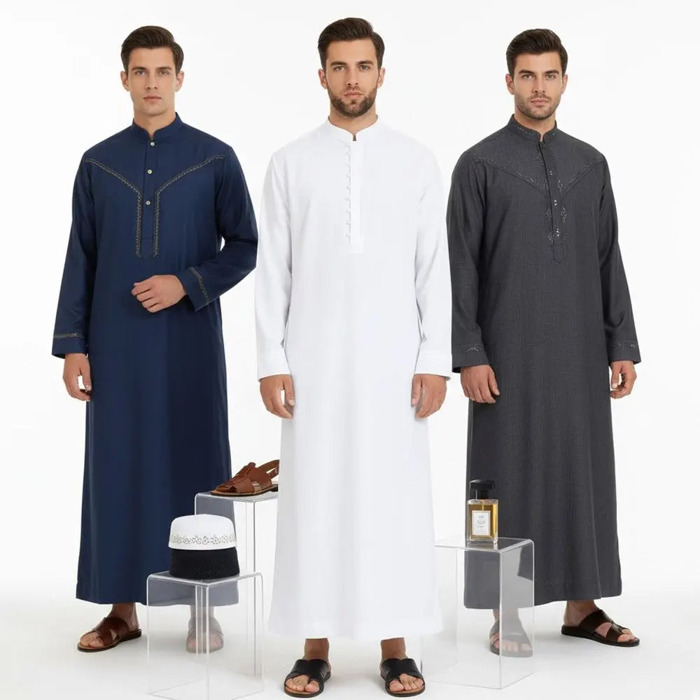 Middle East Arab Mens Robe Loose Fit Standing Collar Round Neck Traditional Islamic Clothing Long Kaftan