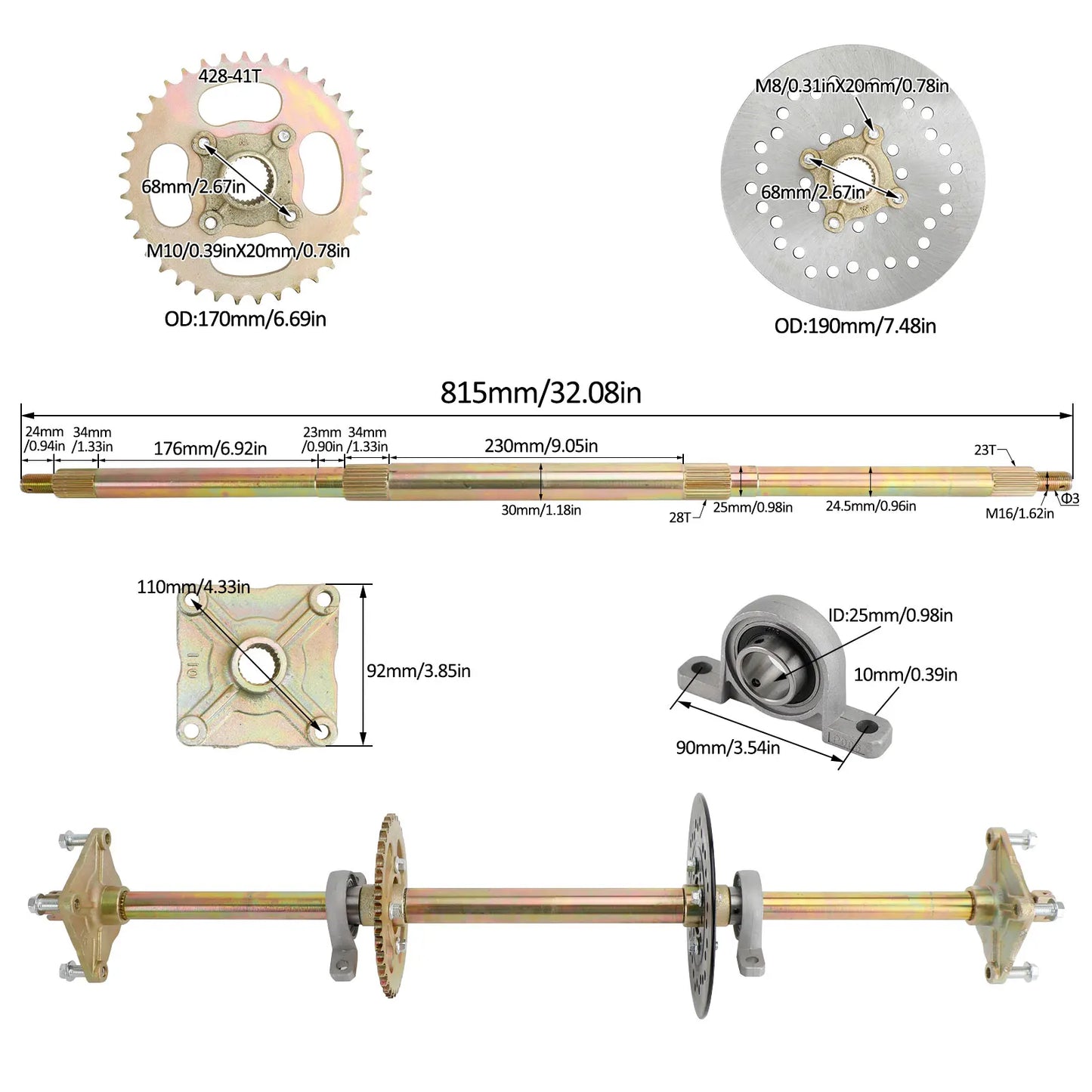 Artudatech 32" ATV Quad Go Kart Rear Live Axle Kit Sprocket Brake Wheel Hub Brake Assembly