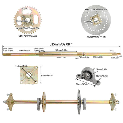Artudatech 32" ATV Quad Go Kart Rear Live Axle Kit Sprocket Brake Wheel Hub Brake Assembly