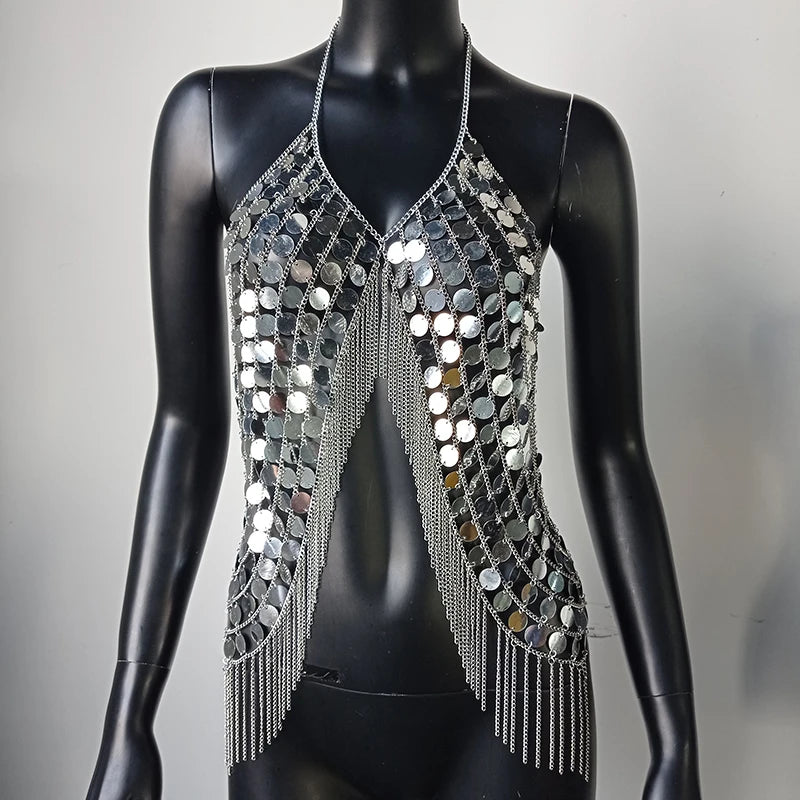 AKYZO Sequined Crop Tops for Women Metal Chain Tassel Nightclub Dance Wear Party Burning Outfits Plastic Tank Top Sexy Festival