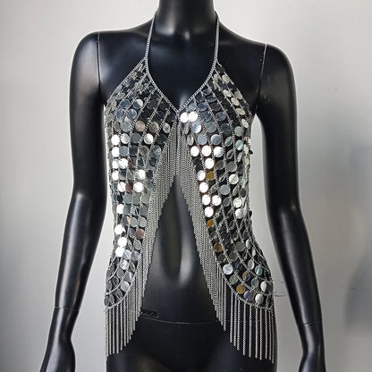 AKYZO Sequined Crop Tops for Women Metal Chain Tassel Nightclub Dance Wear Party Burning Outfits Plastic Tank Top Sexy Festival