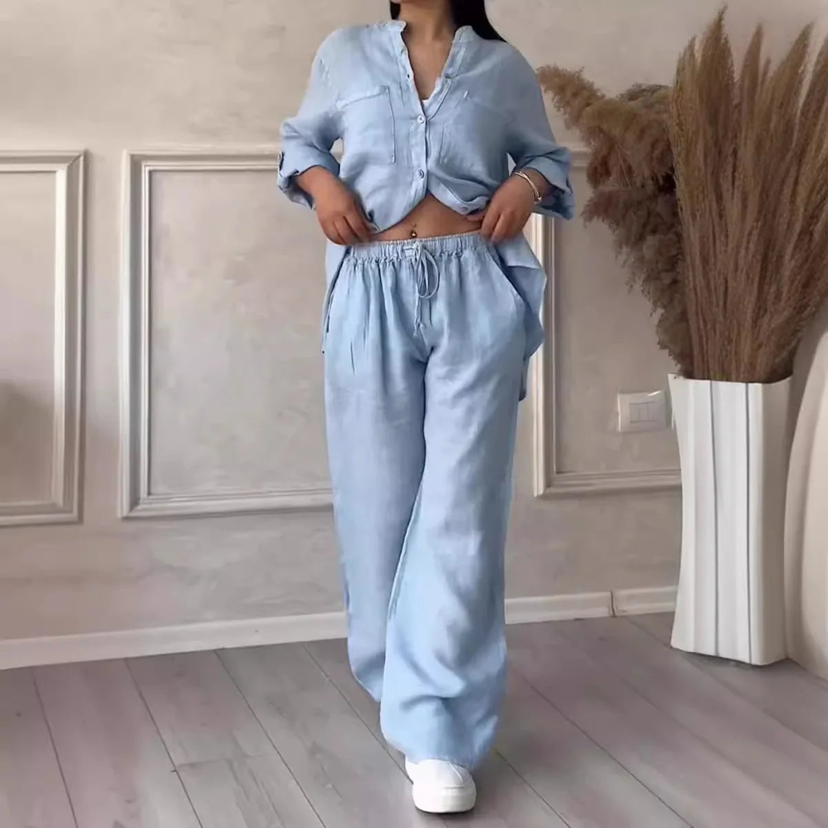 Women's  Color Long Sleeve Shirt And Wide Leg Pants Two-Piece Set Button-Up Tie Waist Long Pants Fashionable Ensemble