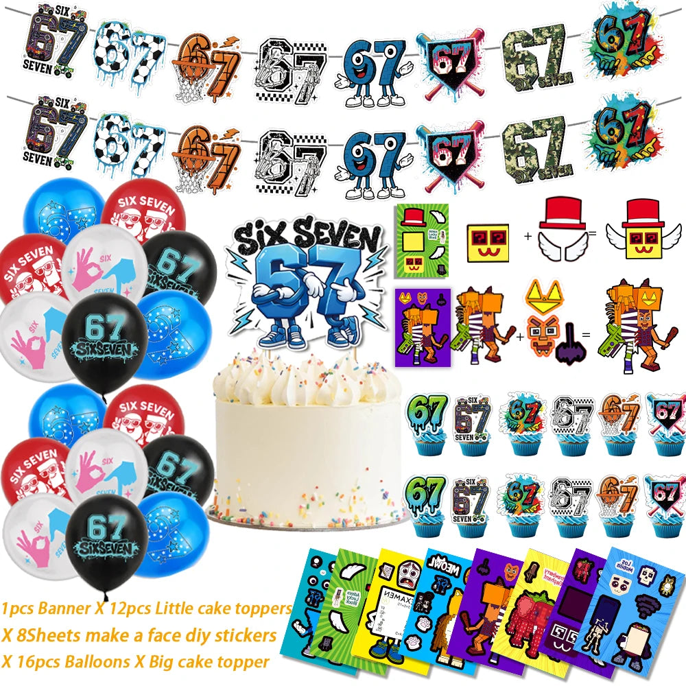I WAS 6 NOW IM 7 Number 67 Themed Birthday Party Decoration Banner Balloon Cake Toppers＆ Make A Face DIY Stickers Creative Gift