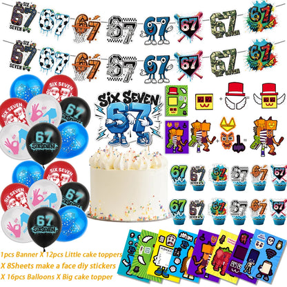 I WAS 6 NOW IM 7 Number 67 Themed Birthday Party Decoration Banner Balloon Cake Toppers＆ Make A Face DIY Stickers Creative Gift