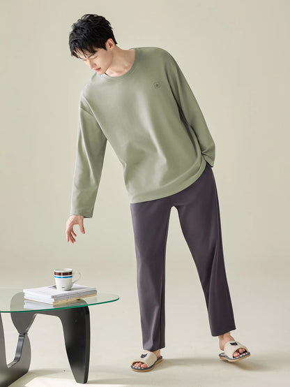 Men's 100% Cotton Long Sleeve Pajama Set, Spring Summer & All Season Plus Size Loungewear, Teen & Adult Pure Cotton Home Suit