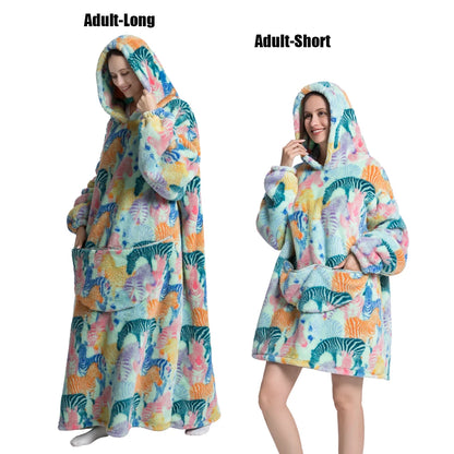 Thick Flannel Blanket Hoodies for Women Adult Panda Wolf Cat Pullover Winter Sherpa TV Blanket Homewear Oversized Sweatshirts